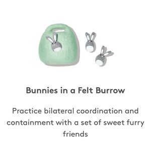 Lovevery Baby Bunny Rabbits  in a Mint Green Felt Burrow Nest with Handle